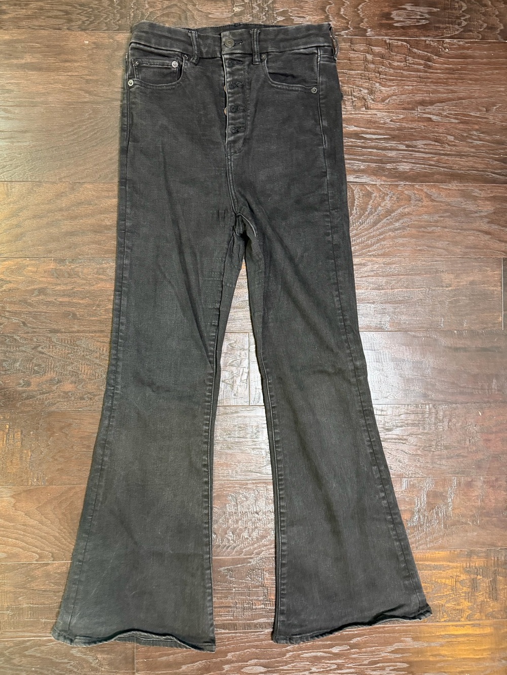 American Eagle High Rise Flare Jeans 6 Regular Black Stretch Button Fly